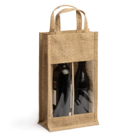 GRACE - Laminowana jutowa torba do butelek  z okienkiem i podwójną przegrodą