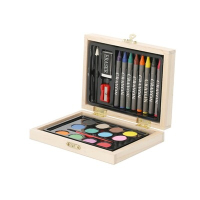 Zestaw do malowania i rysowania, 24 el., kredki, ołówek, gumka do mazania, temperówka, farbki akwarelowye, pędzelek, drewniane pudełko beżowy
