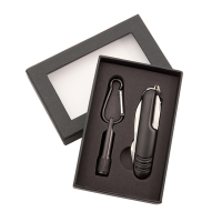 Zestaw narzędzi, narzędzie wielofunkcyjne, scyzoryk (7 el.), latarka 1 LED z karabińczykiem czarny