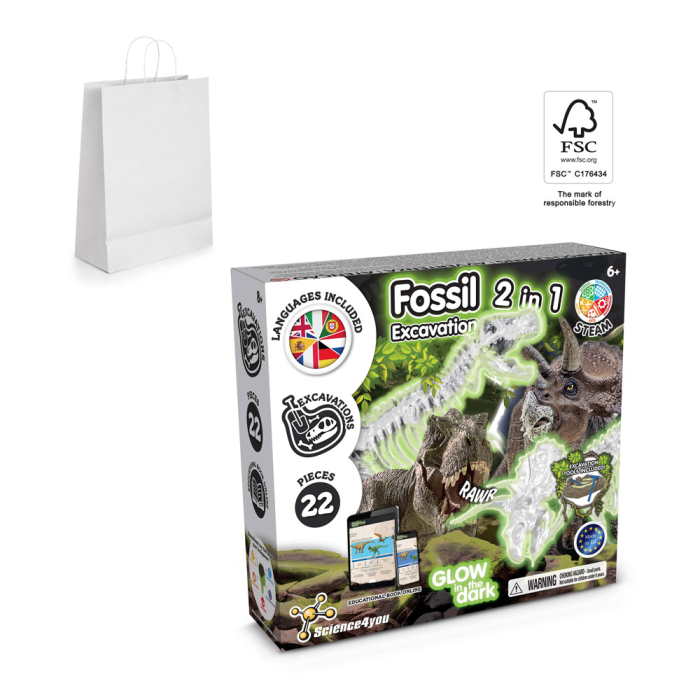 2 in 1 Fossil Excavation Kit II. Gra edukacyjna dostarczana z papierową torebką prezentową (90 g/m²), wykonany z materiałów z certyfikatem FSC™ i innych kontrolowanych materiałów