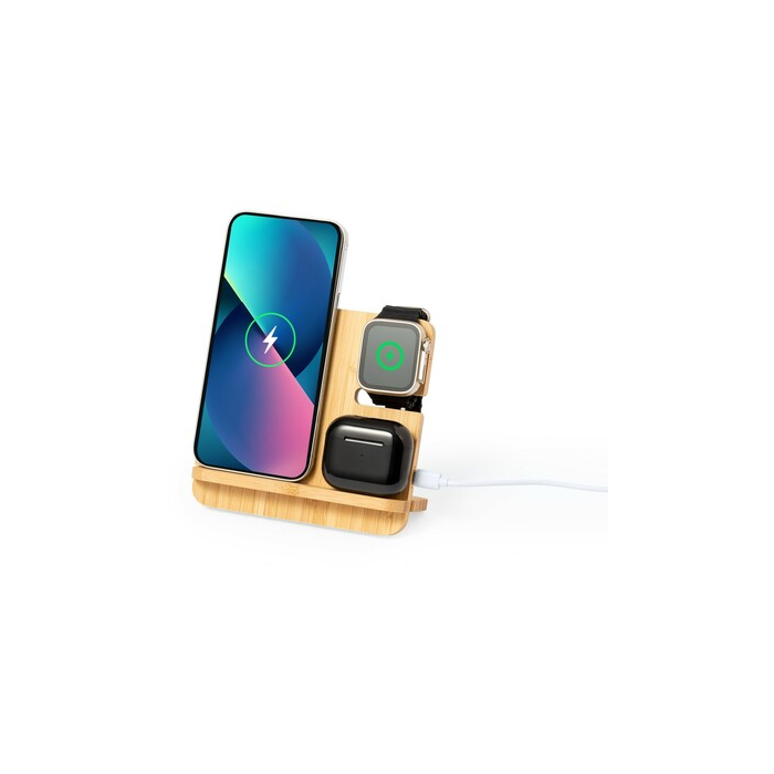 Bambusowa ładowarka bezprzewodowa 15W, 3 w 1, stojak na telefon drewno