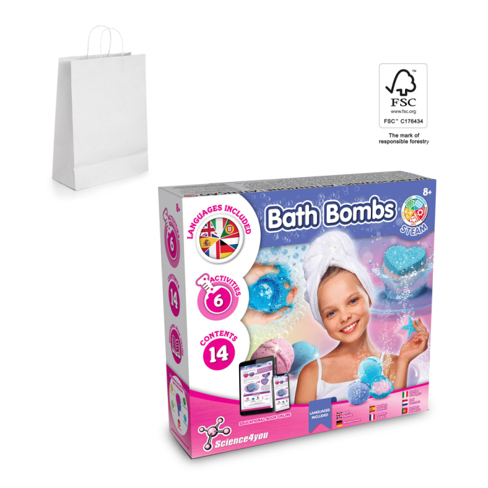 Bath Bombs Kit II. Gra edukacyjna dostarczana z papierową torebką prezentową (90 g/m²), wykonany z materiałów z certyfikatem FSC™ i innych kontrolowanych materiałów