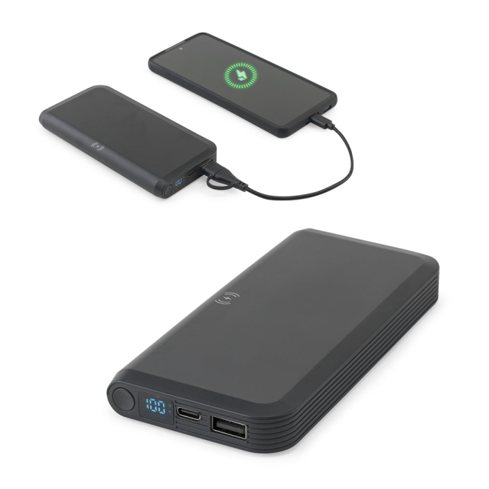 BECKER 10. Power bank o pojemności 10 000 mAh wykonany z ABS pochodzącego z recyklingu (100% rABS) z superszybką ładowarką bezprzewodową o mocy 15 W
