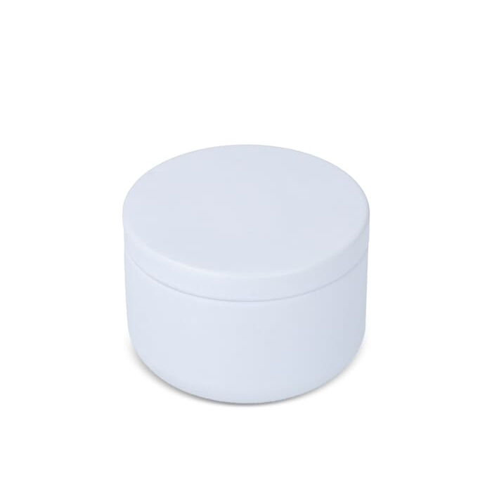 Candle in round recycled tin, biały