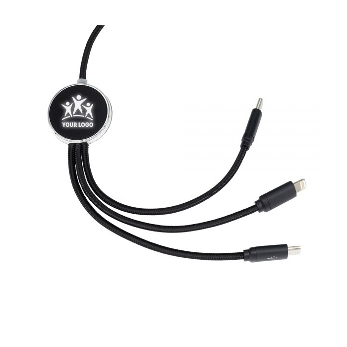 Długi kabel 3w1 z podświetlanym logo, W201TG, czarny