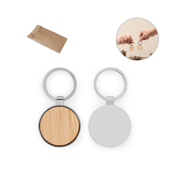 GASTON ROUND. Okrągły żelazny brelok z cynku i bambusa