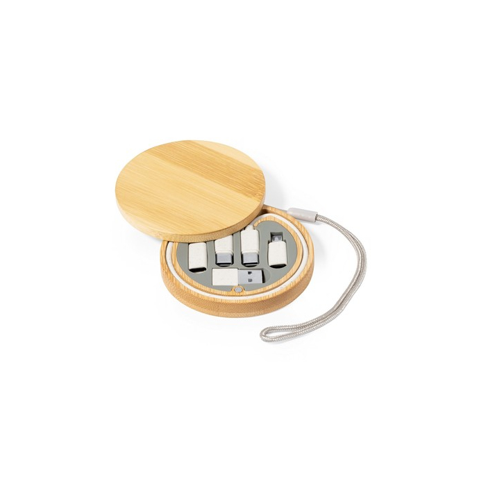 Kabel do ładowania i synchronizacji ze słomy pszenicznej, 3 adaptery w komplecie, bambusowe etui z zawieszką neutralny