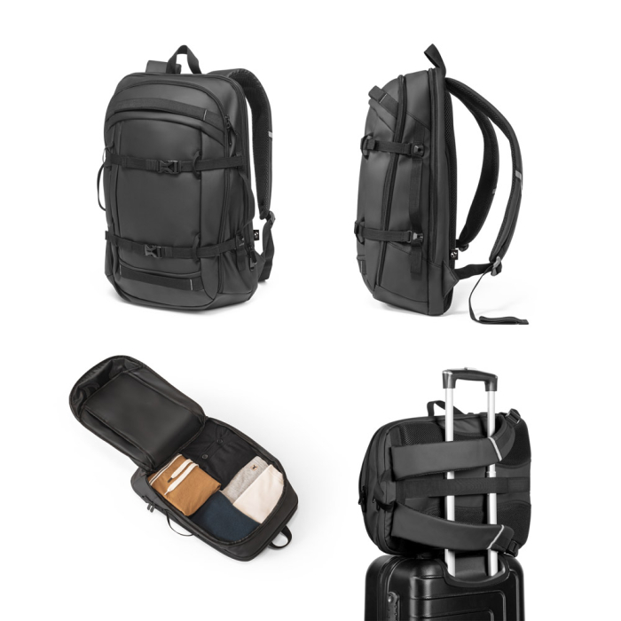 KAMPALA. Plecak na laptopa wykonany z poliestru 900D o wysokiej gęstości z recyklingu, z wodoodporną powłoką i podszewką z poliestru 210D z recyklingu 17'3"