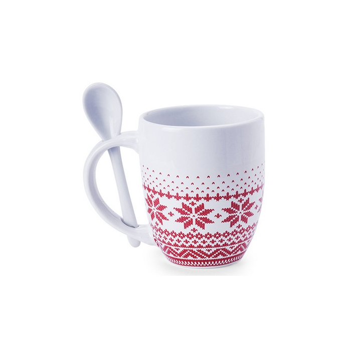 Kubek ceramiczny 370 ml z łyżeczką, świąteczny wzór czerwony