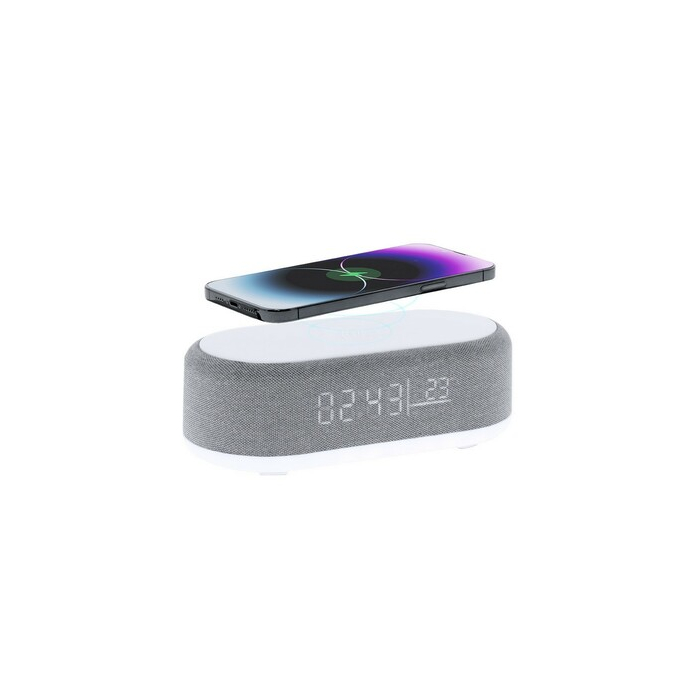Ładowarka bezprzewodowa 15W, głośnik bezprzewodowy 5W, zegar, lampka LED szary