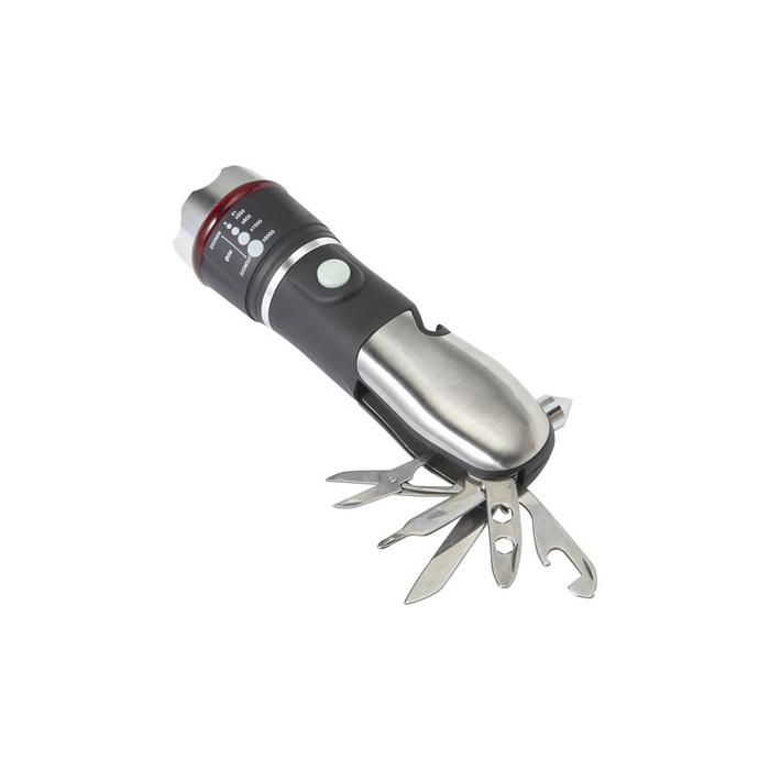 Latarka bezpieczeństwa, przecinak do pasów, młotek bezpieczeństwa, nóż kieszonkowy czarny