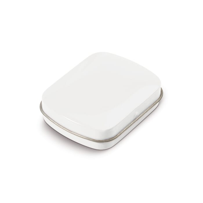 Miętówki w metalowym, prostokątnym opakowaniu, biały
