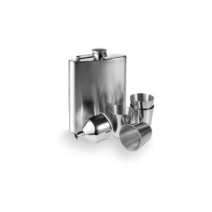 Piersiówka 220 ml, kieliszki 30 ml, lejek srebrny