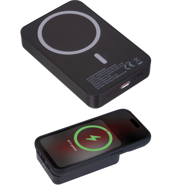 Power bank magnetyczny z ABS z recyklingu 10 000 mAh DONNA, czarny