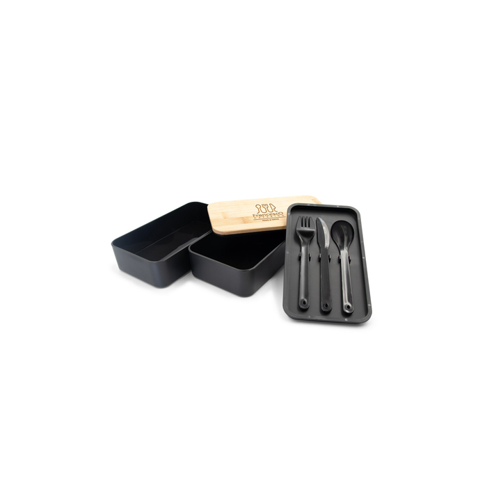 Pudełka śniadaniowe 2 w 1, 2x500 ml, bambusowe wieczko, sztućce | Tijani czarny