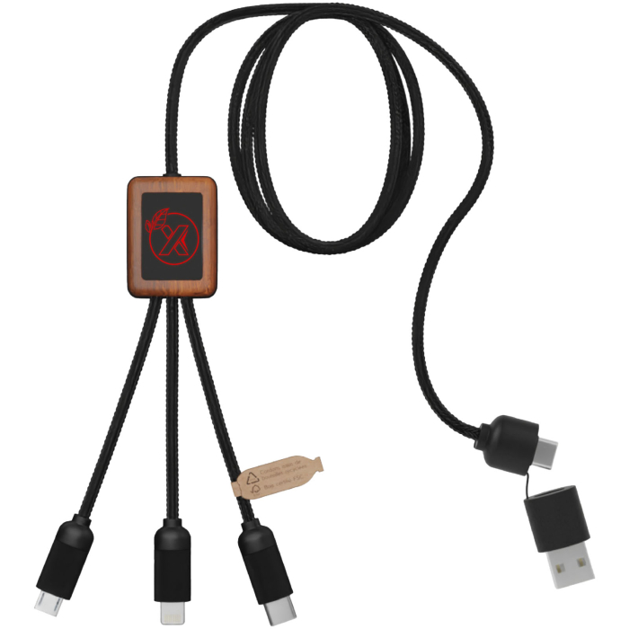 SCX.design C38 kabel do ładowania z podświetlanym logo 5-w-1 rPET i z kwadratową drewnianą obudową