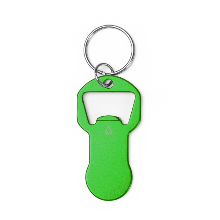 TAGAN - Otwieracz do butelek z brelokiem z aluminium z recyklingu, z żetonem do wózka na zakupy.