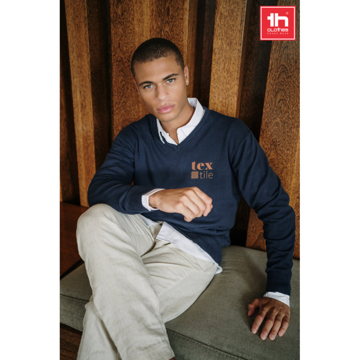 THC MILAN. Męski sweter V-neck z bawełny i poliamidu