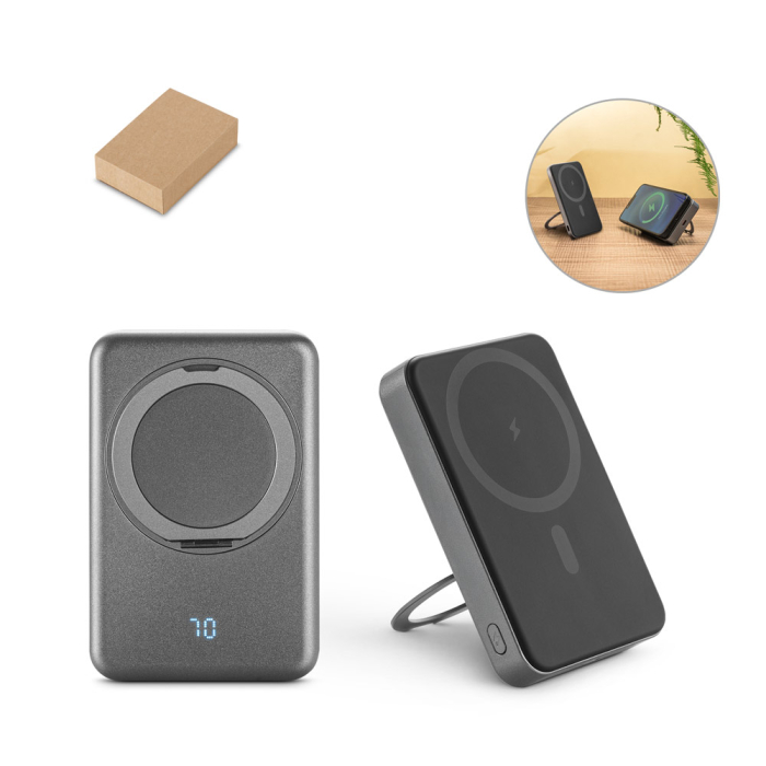 WARSHEL 10. Magnetyczny power bank 10 000 mAh z superszybką ładowarką bezprzewodową 15 W z recyklingowanego ABS (100% rABS) z podstawką