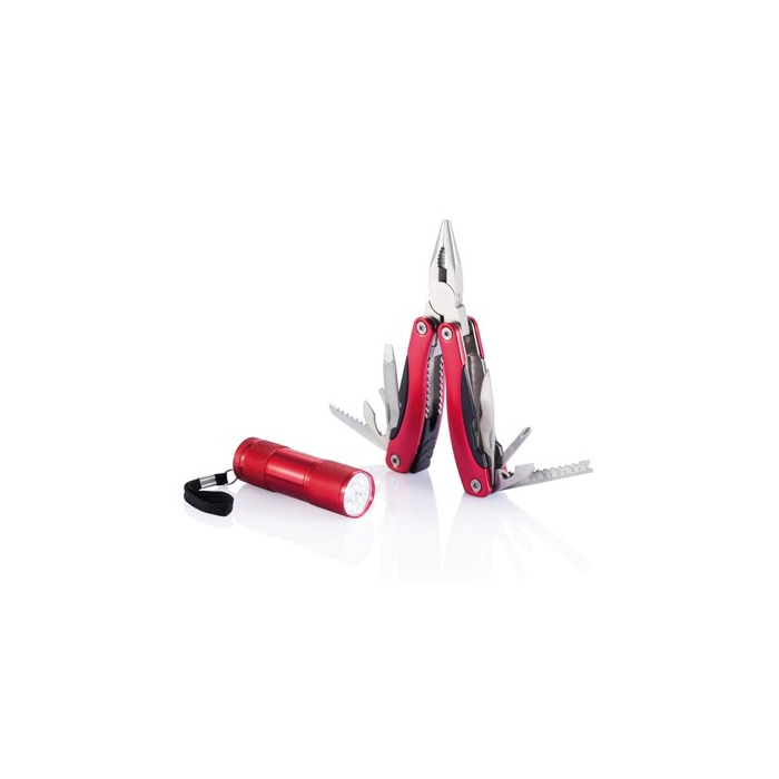 Zestaw narzędzi, narzędzie wielofunkcyjne 14 el., latarka czerwony