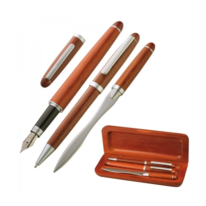 Zestaw piśmienny długopis, pióro wieczne, nóż do listów BANGKOK, brązowy